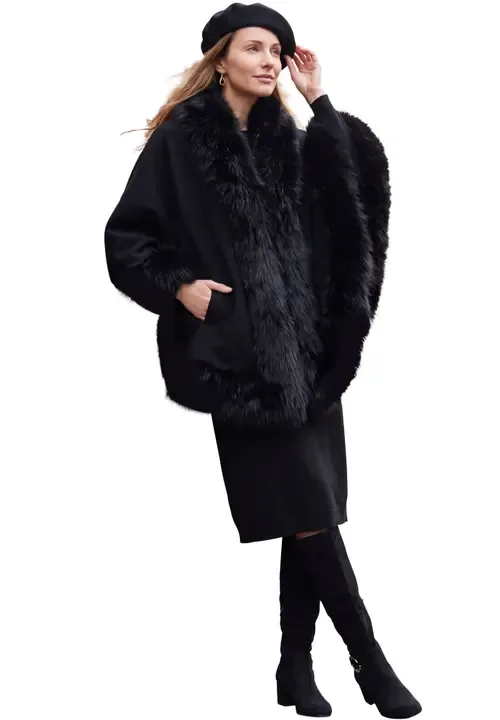 Faux Fur Trim Wool Cape by Jessica London