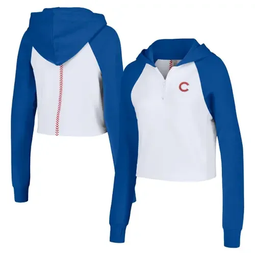 Chicago Cubs Jane Raglan Quarter-Zip Tri-Blend Cropped Pullover Hoodie by LUSSO