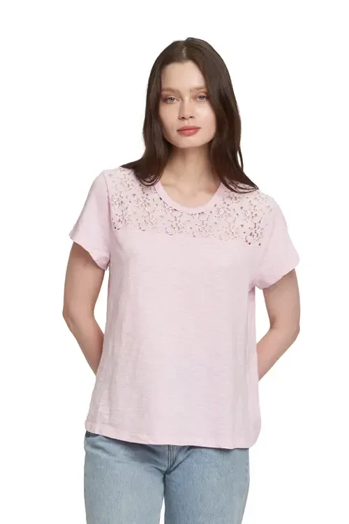 Easy Short Sleeve Crew Lace Yoke by WILT Clothing