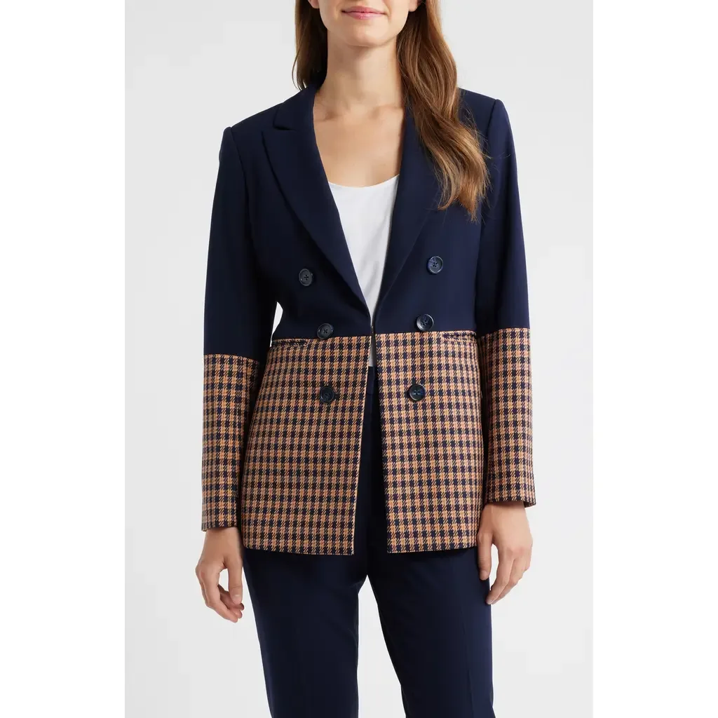 Check Denim Double Breasted Jacket by Tahari ASL