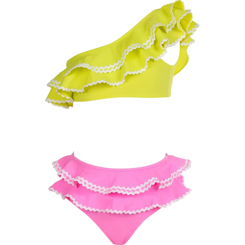 Neon One-Shoulder Multi-Ruffle Two-Piece Bikini by NESSI BYRD