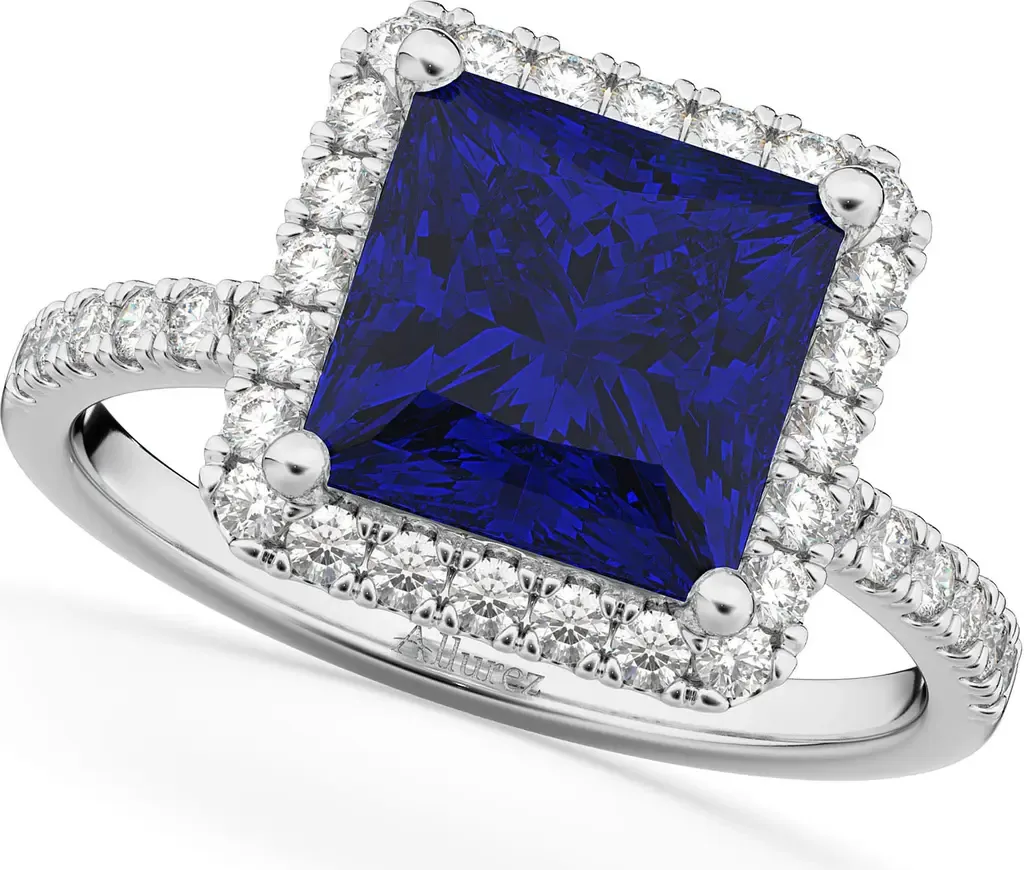 Princess Halo Blue Sapphire & Diamond Ring 14K Gold by ALLUREZ