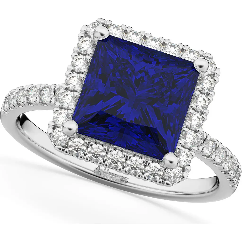 Princess Halo Blue Sapphire & Diamond Ring 14K Gold by ALLUREZ