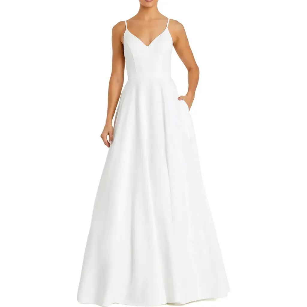 Petite V-Neck Ball Gown with Belted A-Line Skirt in White by Mac Duggal