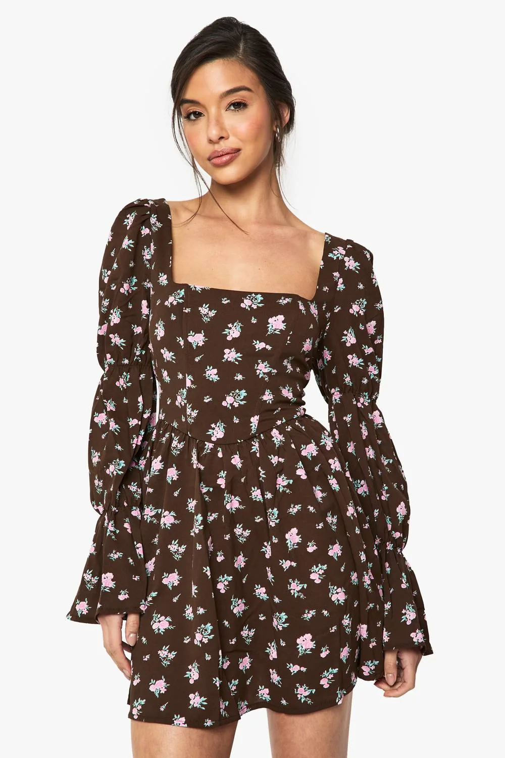 Corset Floral Print Puff Sleeve Milkmaid Skater Dress by boohoo