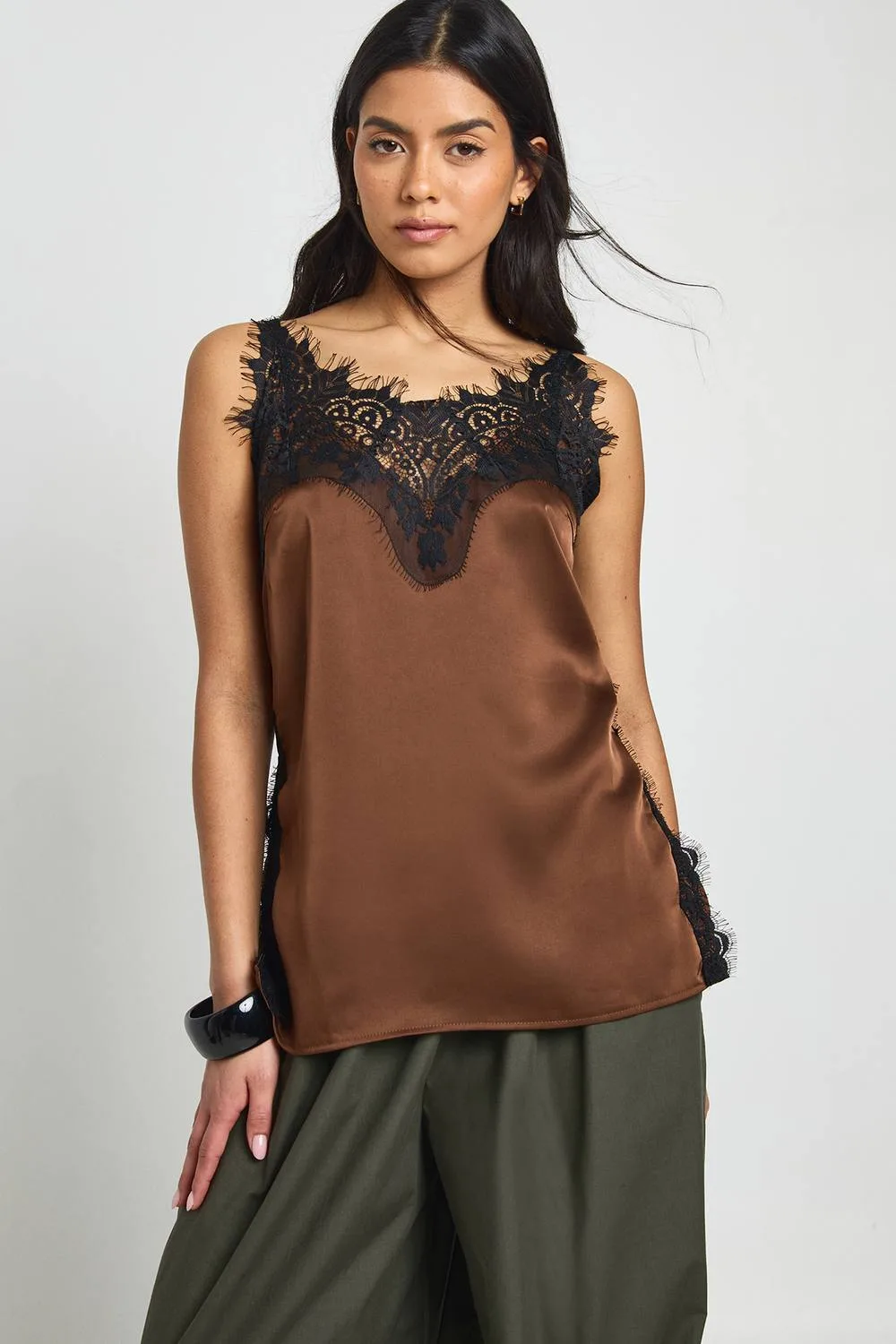 Lace Side Split Satin Cami Top by boohoo