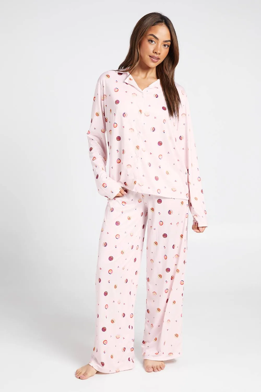 Acai Bowl Print Long Sleeve Shirt & Trouser Pyjama Set by boohoo