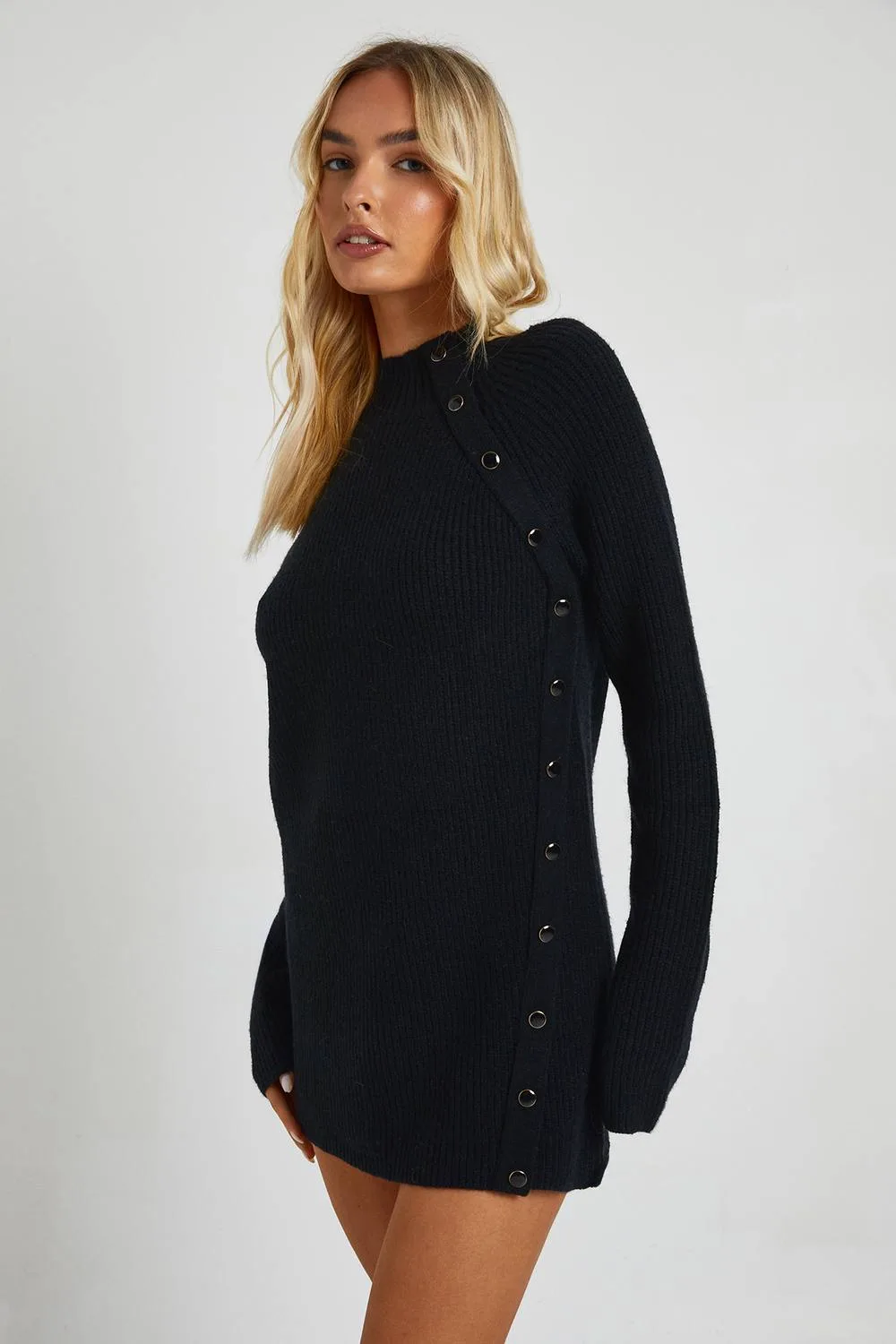 Button Detail Knitted Mini Dress by boohoo