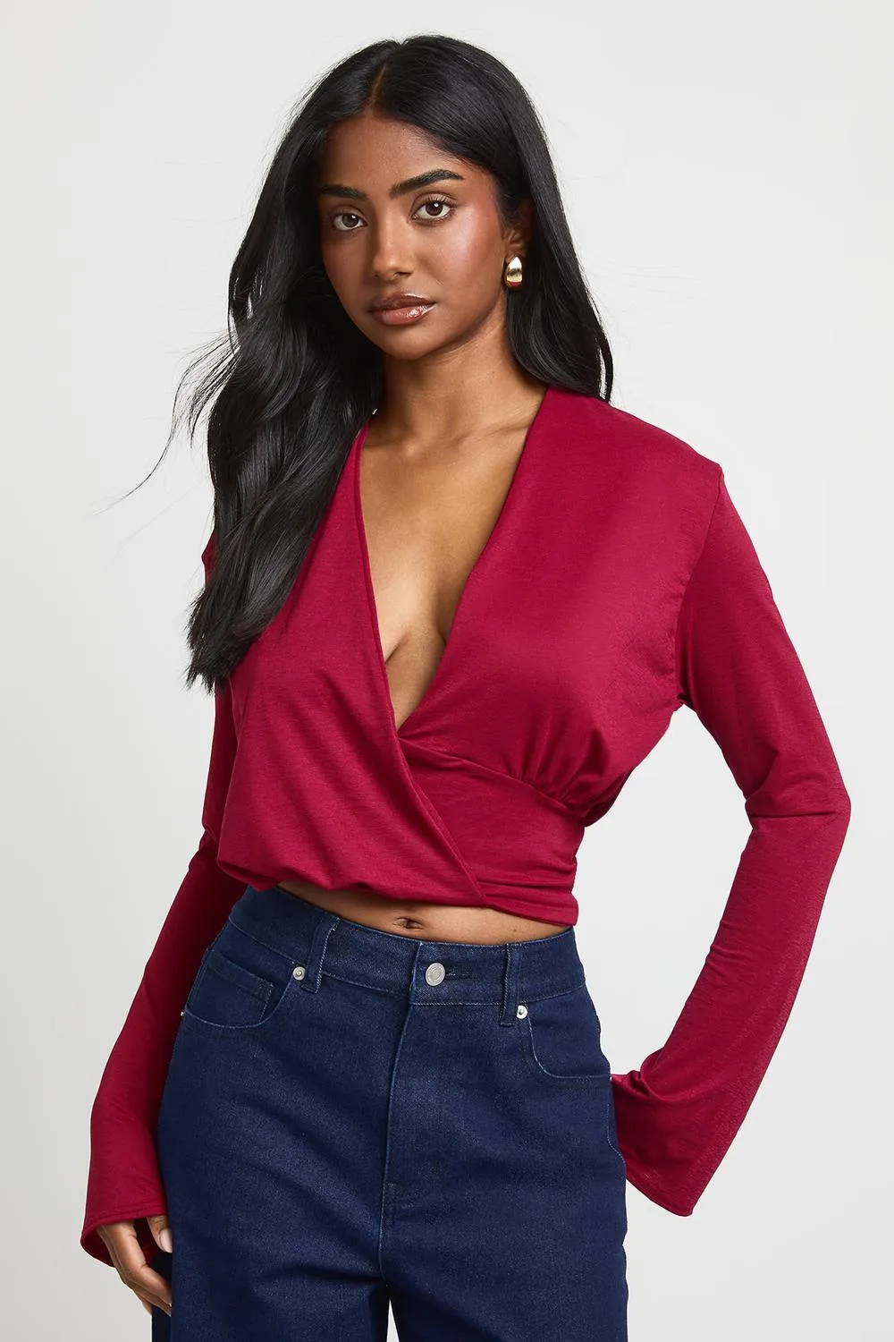 Textured V Neck Long Sleeve Crop Top by boohoo