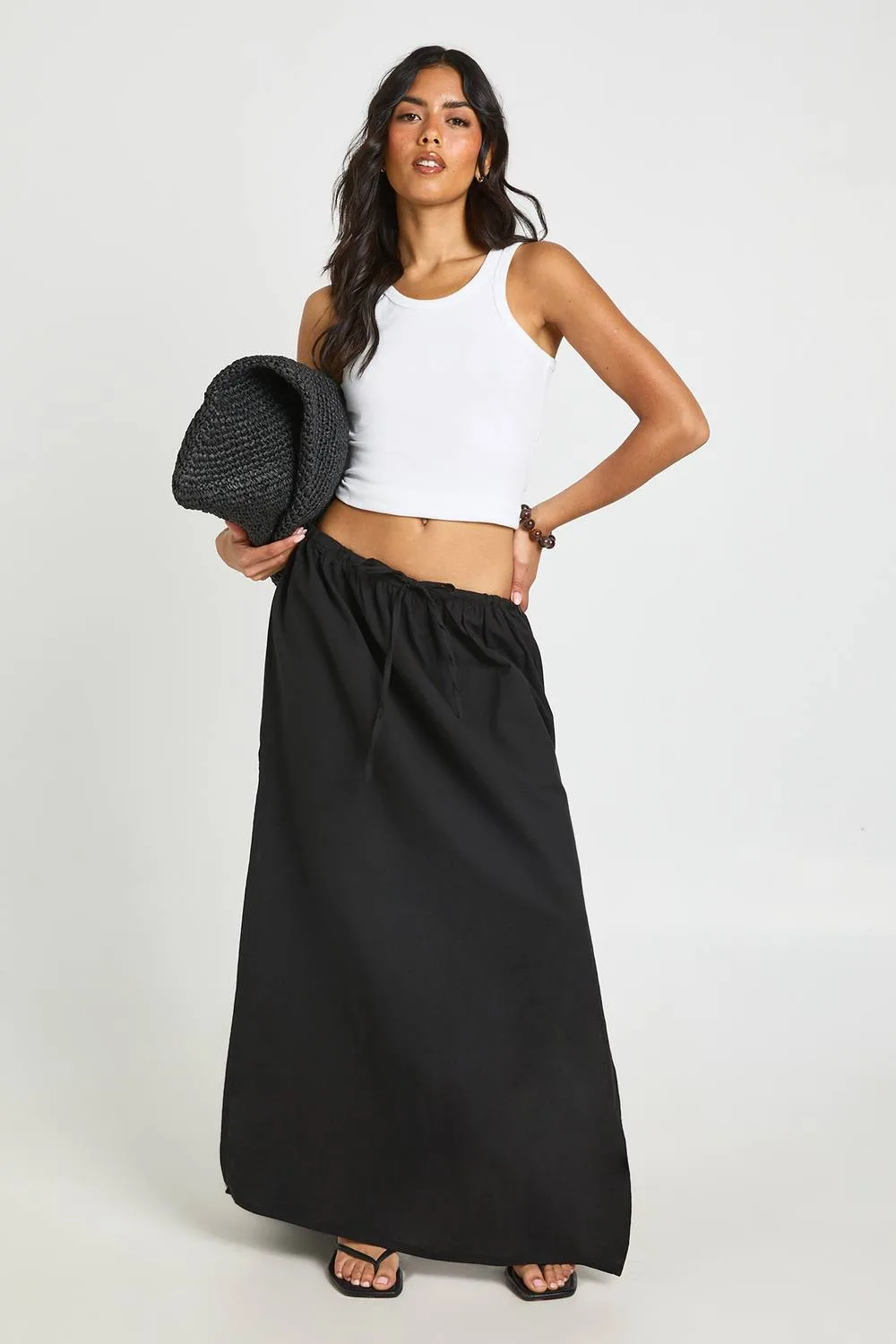 Linen Drawstring Maxi Skirt by boohoo