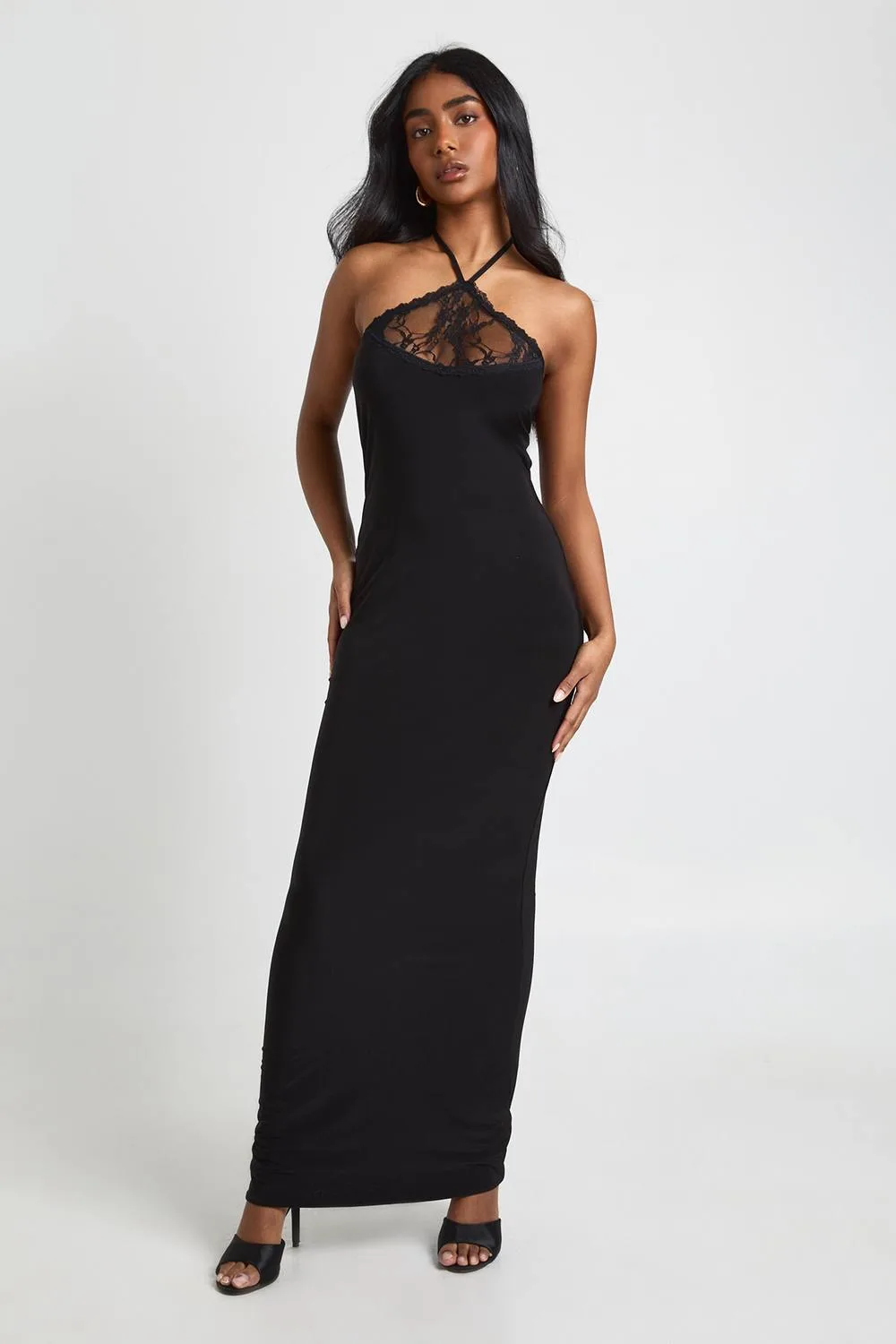 Slinky Maxi Dress with Lace Halterneck Detail