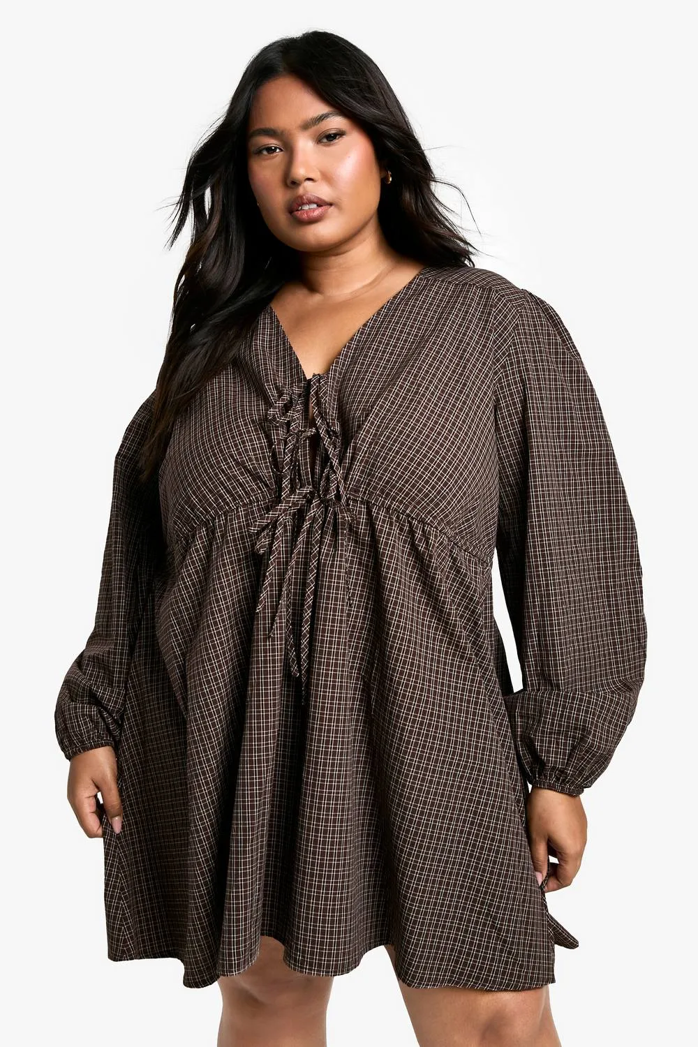 Check Tie Front Smock Dress