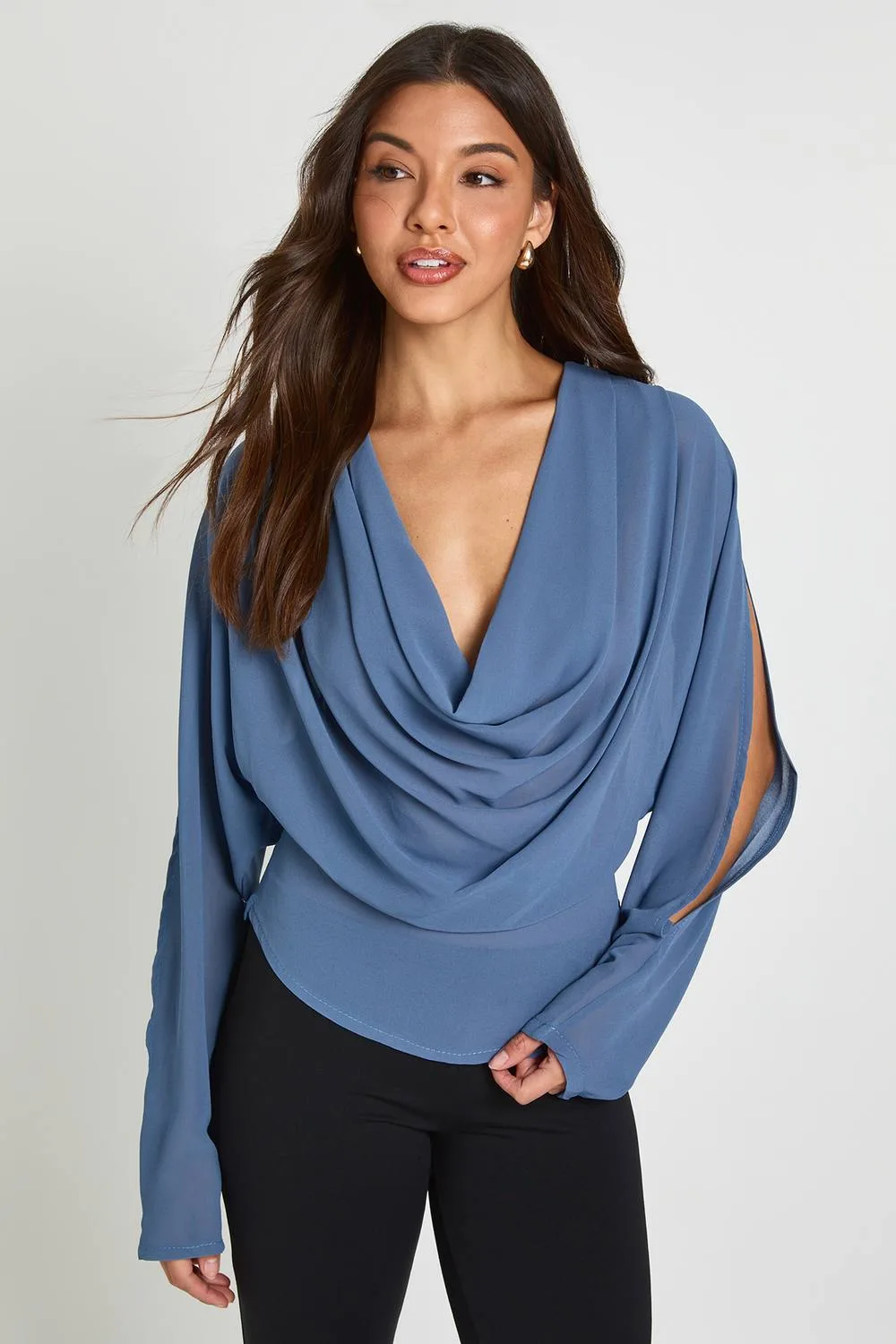 Sheer Cowl Front Split Sleeve Blouse by boohoo