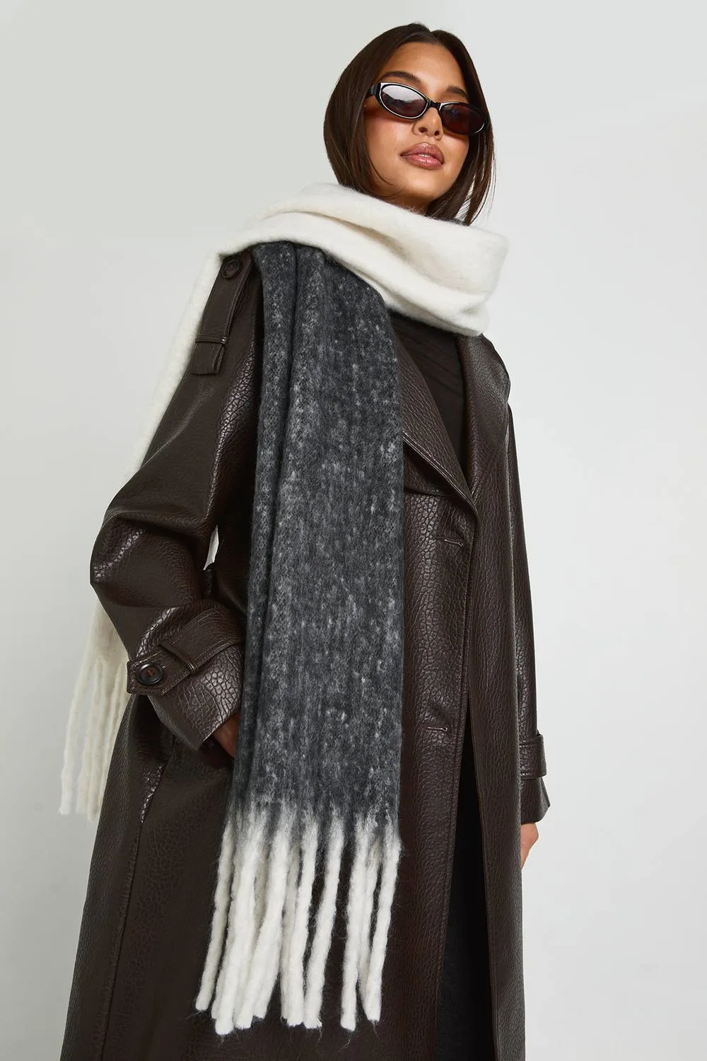 Two Toned Oversized Tassel Fluffy Scarf by boohoo