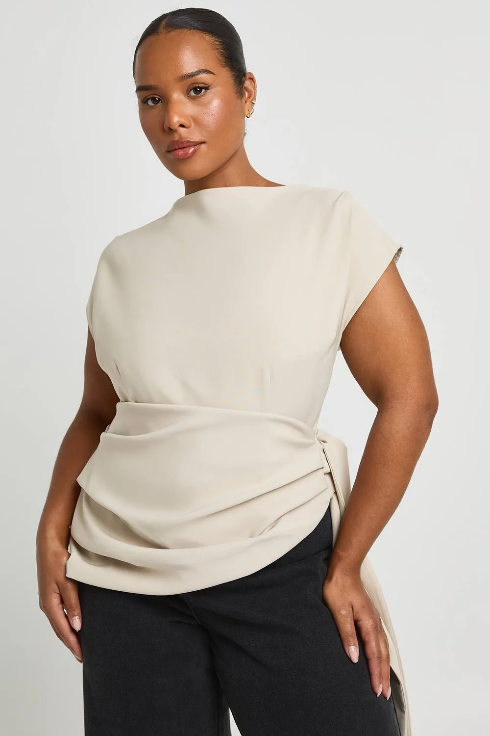 Slash Neck Drape Side Top - Stone by boohoo