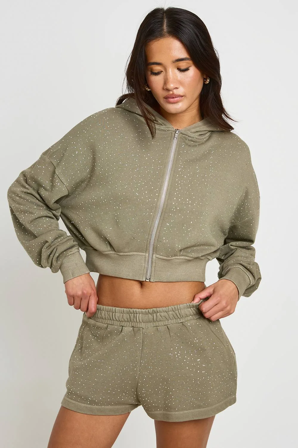 Rhinestone Boxy Crop Zip Through Hoodie by boohoo
