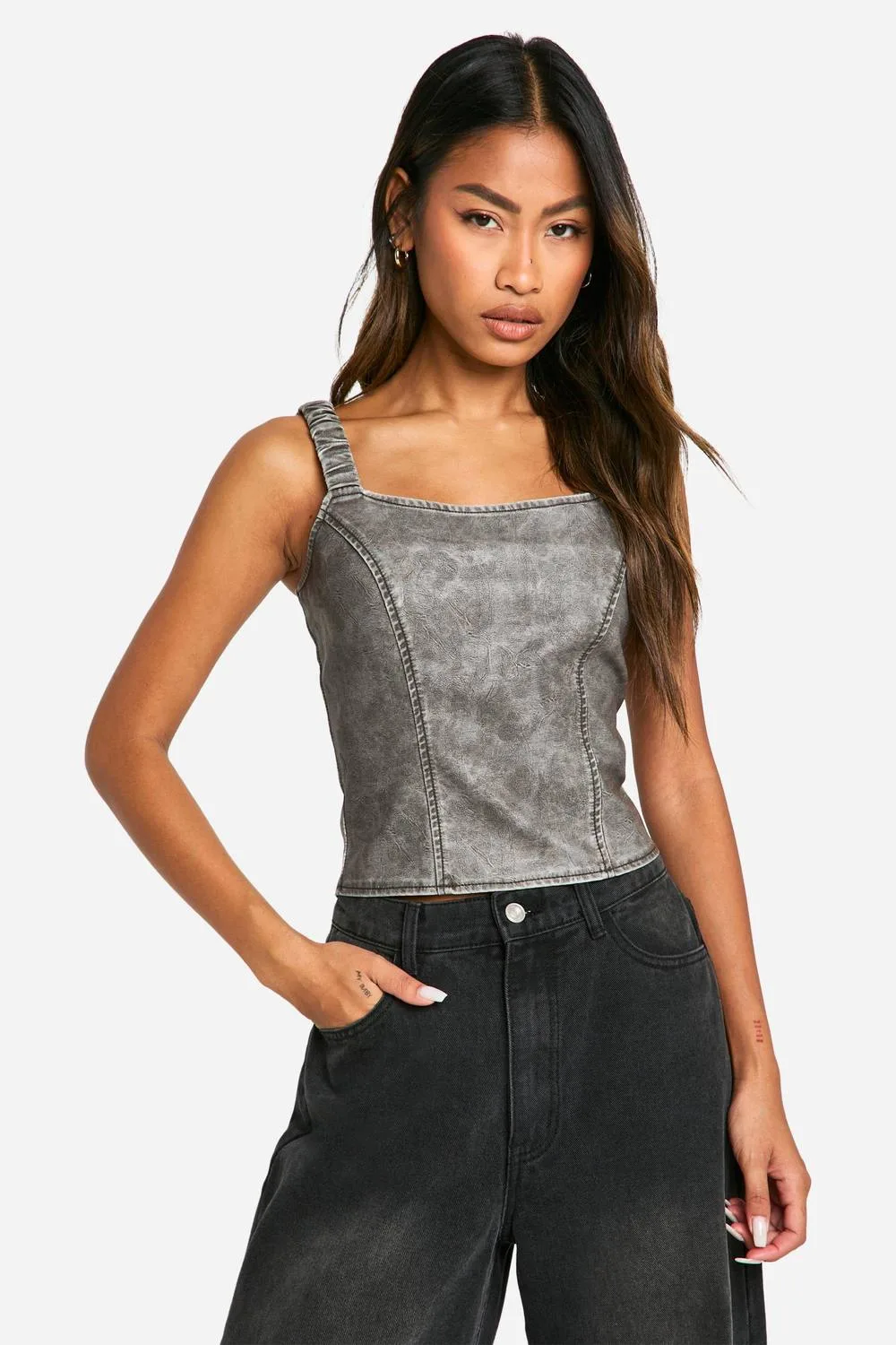 Washed Faux Leather Ruched Strap Corset Top by boohoo