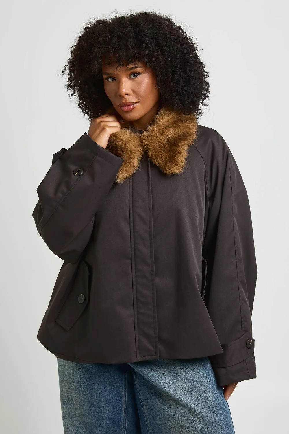 Faux Fur Trim Funnel Neck Trench Coat by boohoo