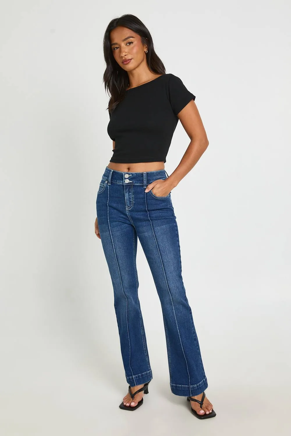 Mid Waist Seam Detail Flare Jean by boohoo