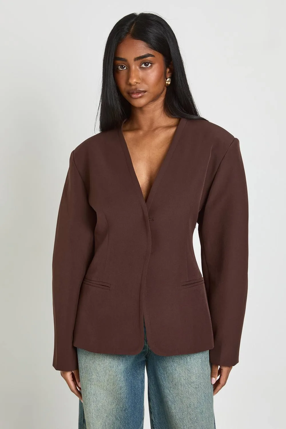 Collarless Cinched Barrel Sleeve Blazer