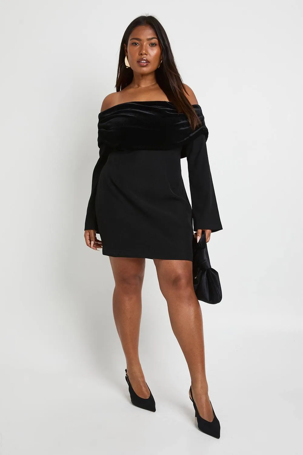 Velvet Fold Over Bardot Tailored Mini Dress by boohoo