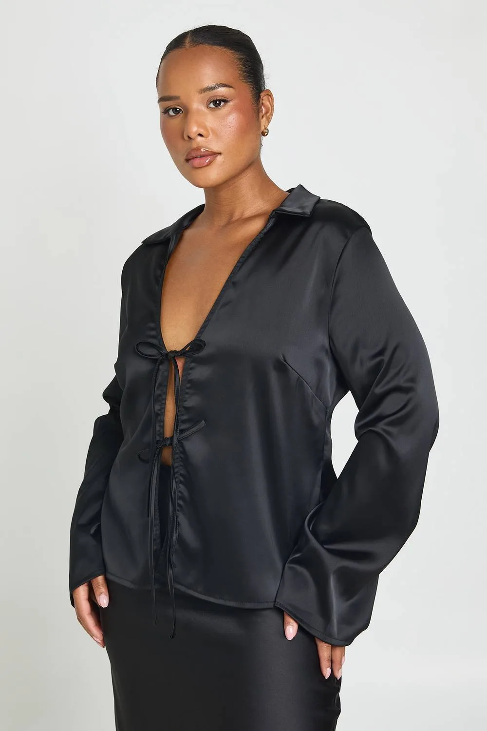 Satin Tie Front Long Sleeve Top by boohoo