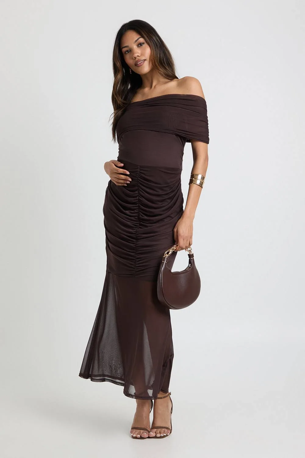 Maternity Ruched Bardot Mesh Hem Midaxi by boohoo