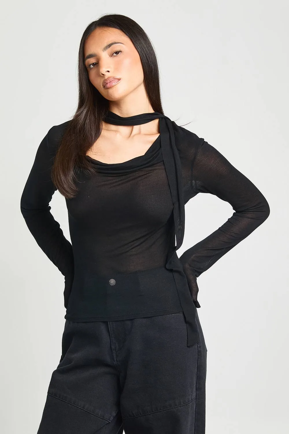 Sheer Knit Tie Cowl Neck Top by boohoo