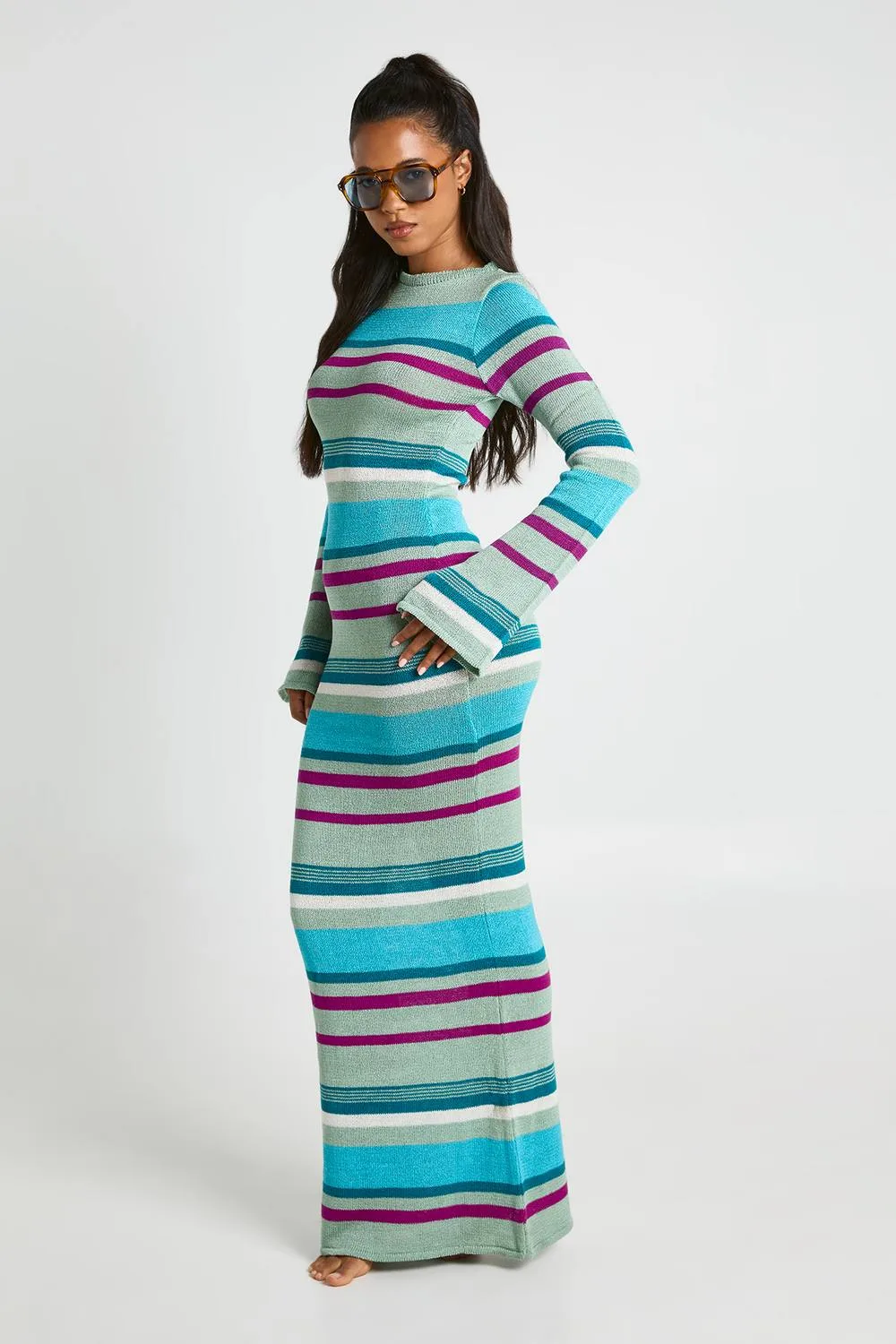Slash Neck Long Sleeve Knitted Maxi Dress by boohoo