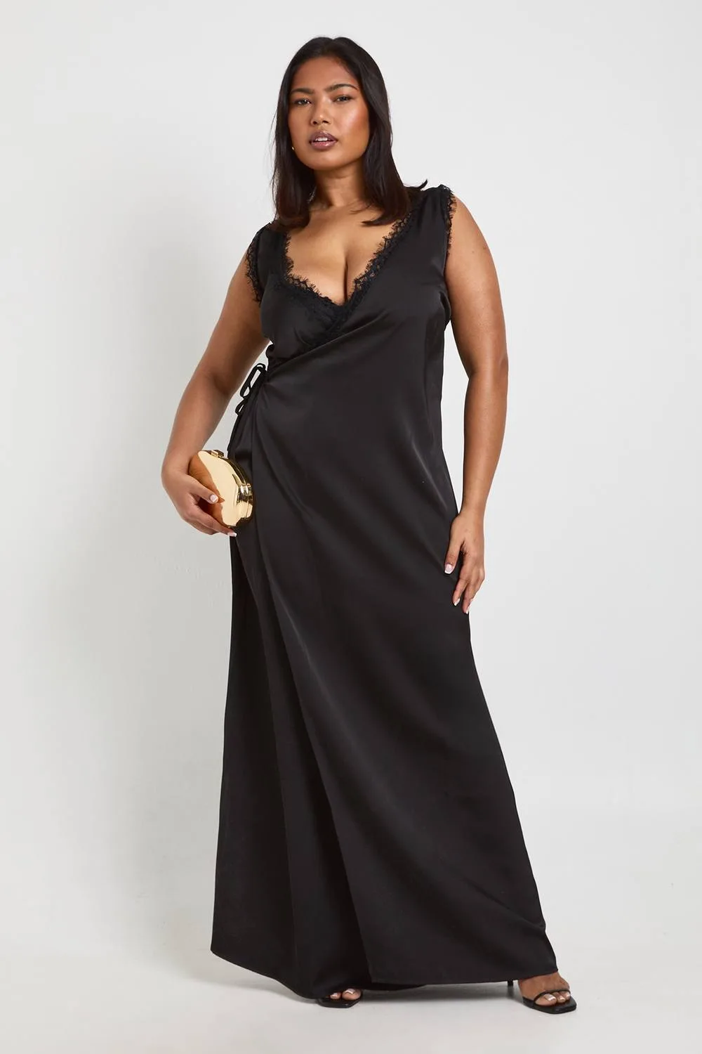 Lace Trim Wrap Satin Maxi Dress by boohoo