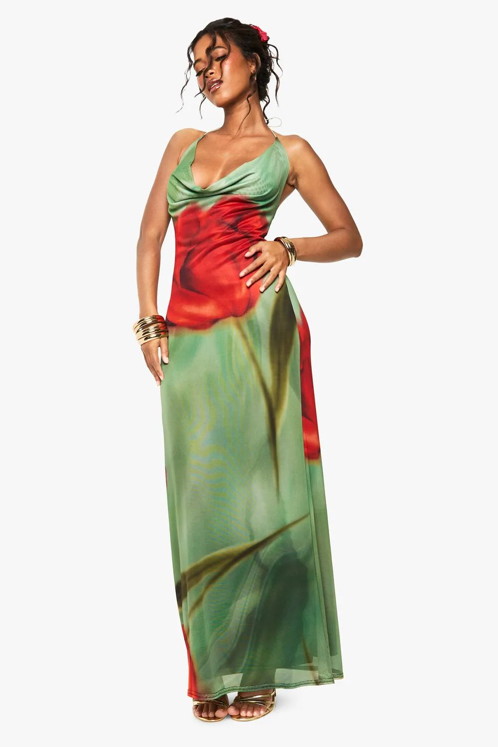 Mesh Floral Print Cowl Maxi Dress