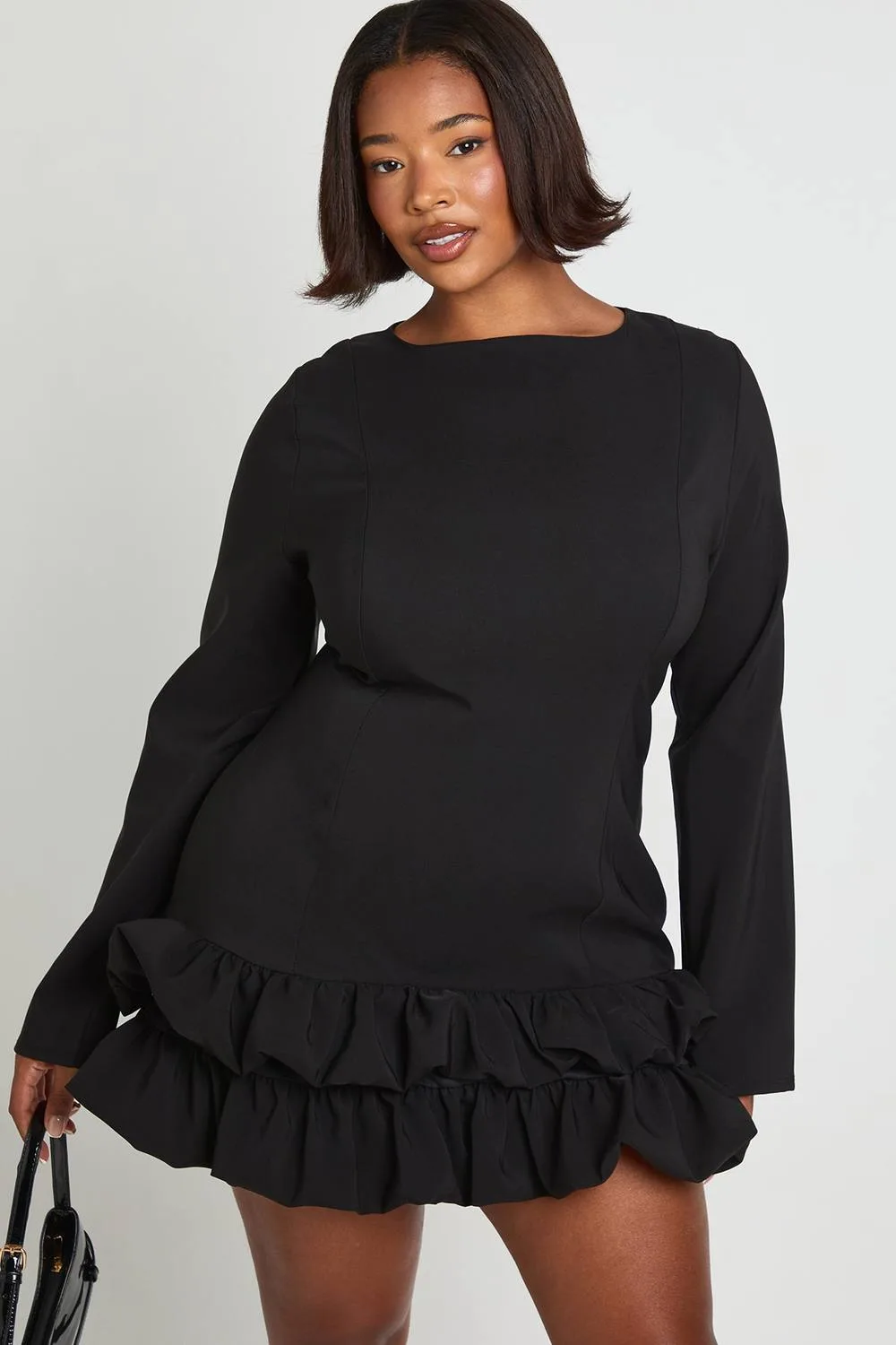 Woven Puff Sleeve Ruffle Hem Shift Dress
