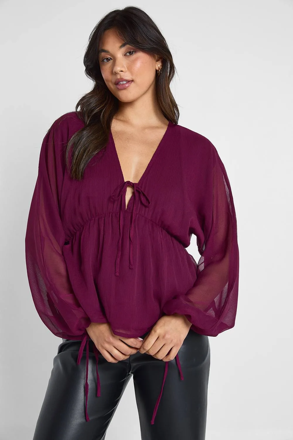 Chiffon Tie Front Volume Blouse by boohoo