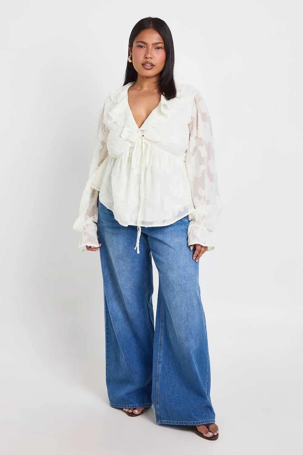 Burnout Ruffle Tie Front Smock Top