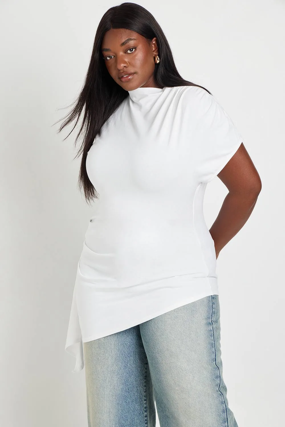 Grown on Neck Cinched Waist T-Shirt with Drape Side Detail by boohoo