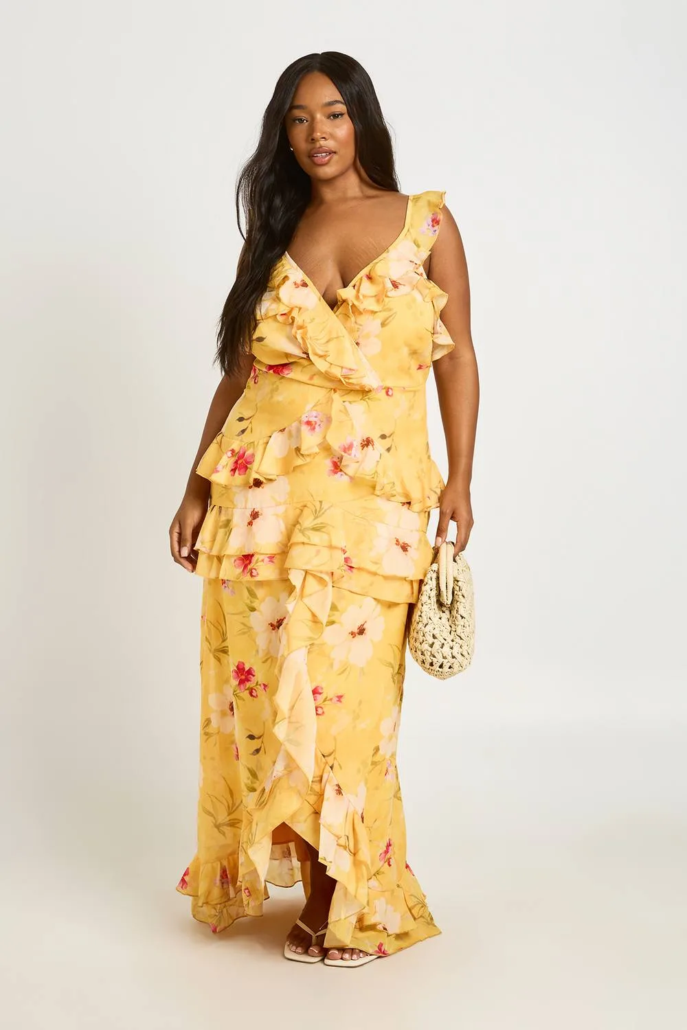 Floral V Neck Chiffon Ruffle Maxi Dress