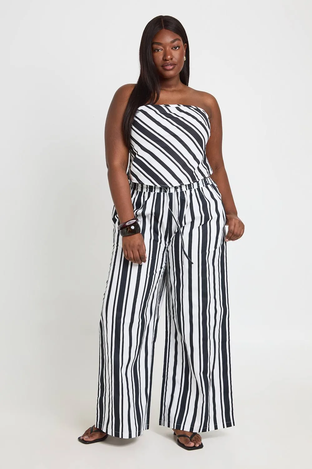 Stripe Scarf Detail Top & Elasticated Waistband Wide Leg Trouser by boohoo