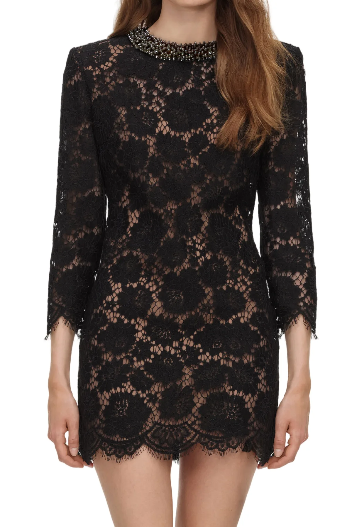 Intricate Black Lace Overlay Mini Dress with Beaded Neckline by Self-Portrait