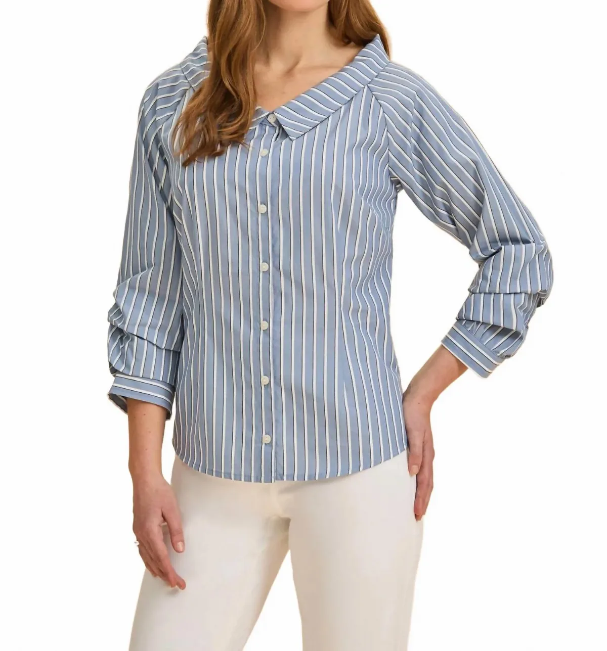 3/4 Sleeve Cotton Boatneck Shirt in Ether Stripes
