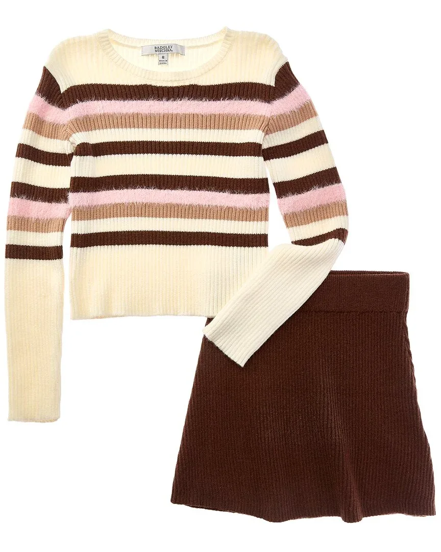 2pc Fuzzy Stripe Sweater & Skirt Set by Badgley Mischka