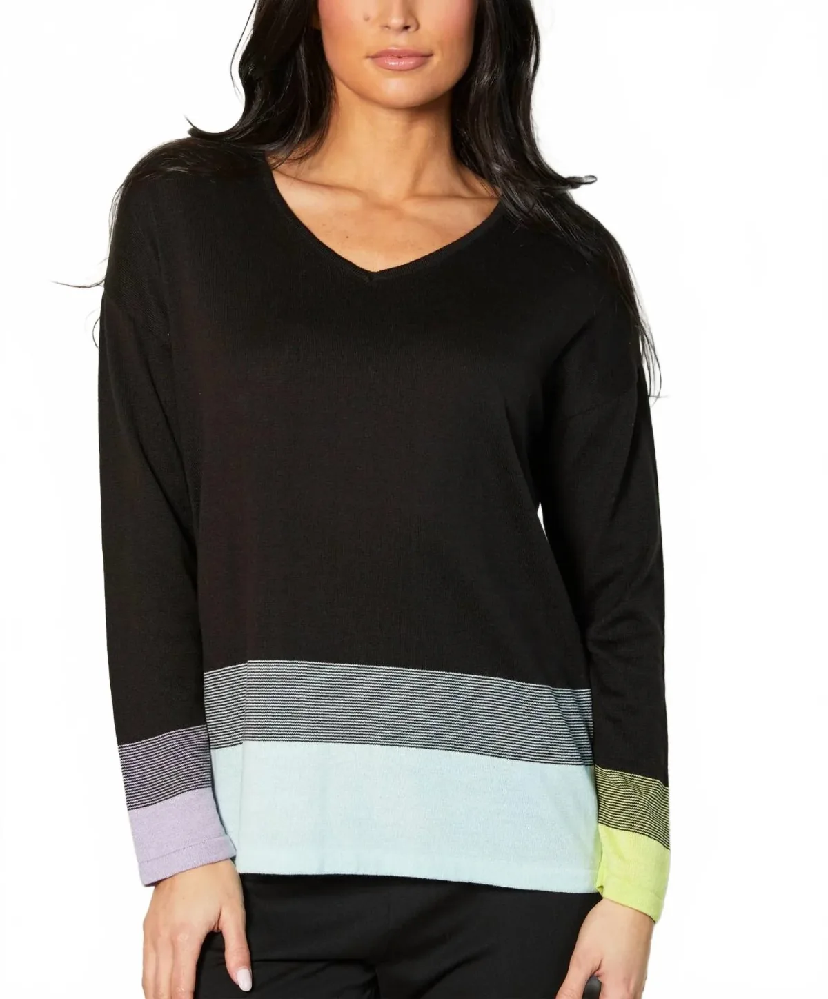 Colorblock V-Neck Knit Top in Black/Mist by french kyss