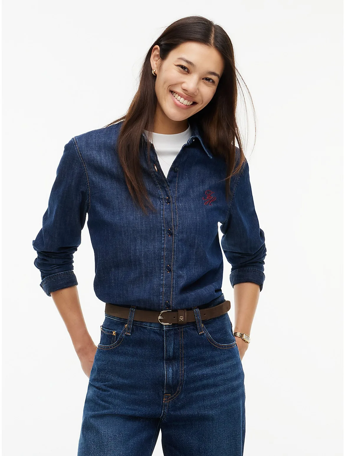 Relaxed Fit Script Monogram Denim Shirt by Tommy Hilfiger