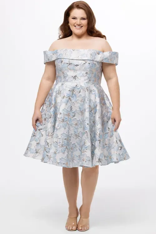 Off-The-Shoulder Brocade Party Dress by Celebrations by Sydney's Closet