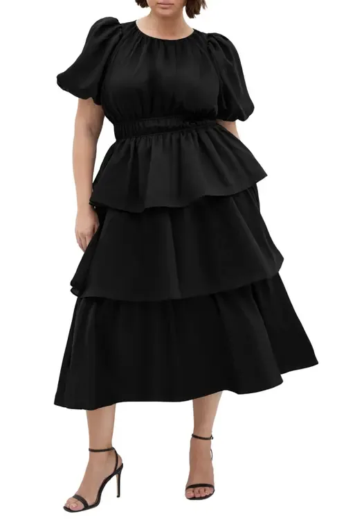 Heavenly Tiered Puff Sleeve Midi Dress