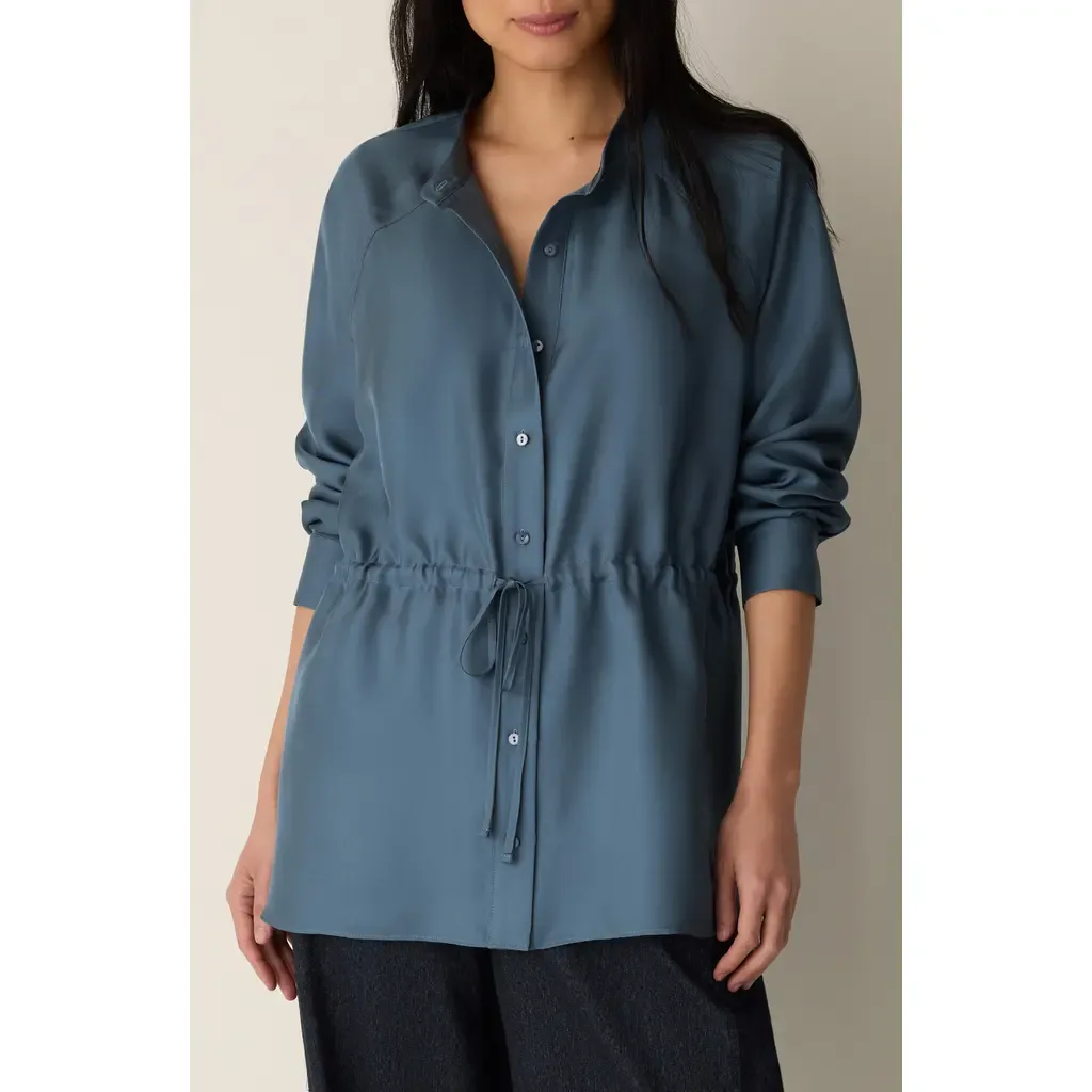 Silk Mandarin Collar Shirt with Tie by Eileen Fisher