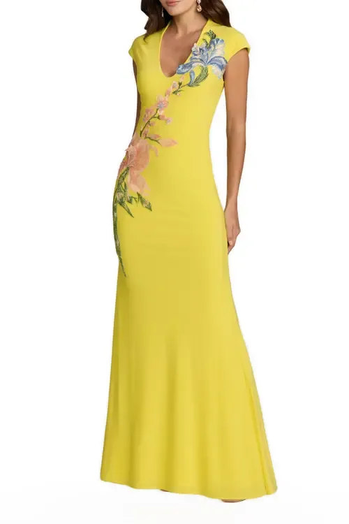 Cap Sleeve Scoop Neck Jersey Floral Detail Gown by Mac Duggal