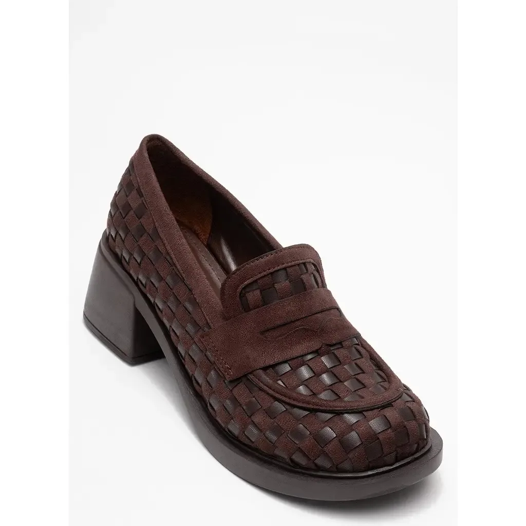 Marlon Woven Block Heel Loafer in Brown Faux Leather by Prologue Shoes