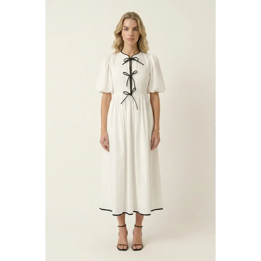 Puff Sleeve Midi Dress with Tiered Front Ties and Contrast Trim by Modenaire