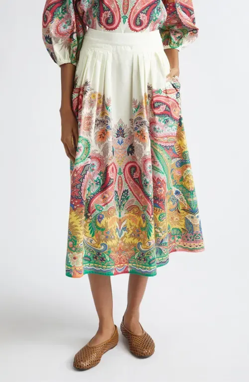Paisley Pleated Cotton Voile Midi Skirt by Etro