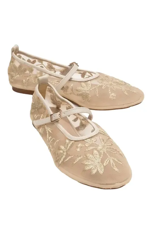 Juny Mesh Floral Embroidery Ballet Flat in Light Beige Faux Leather